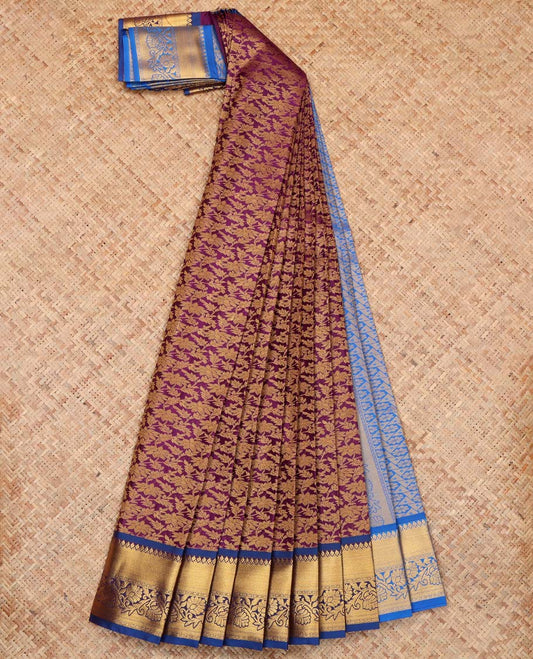 Purple Budget Silk Saree, Bedecked with Floral Jacquard Design, Complemented by Contrast Traditional Zari Border, an Intricate Pallu and a Contrast Blouse