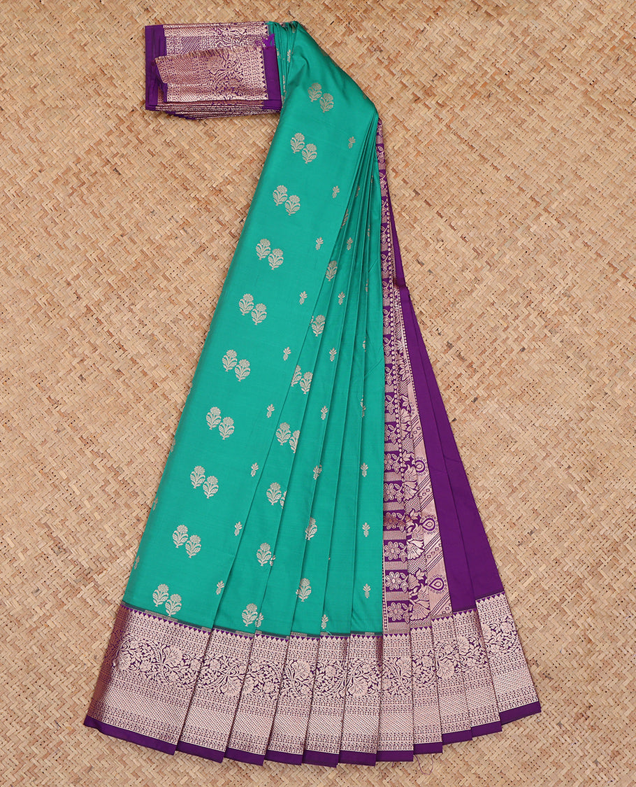 Green Budget Silk Saree, Detailed with Zari Buttas, Complemented by a Contrast Traditional Zari Border, Grand Pallu, and a Contrast Blouse