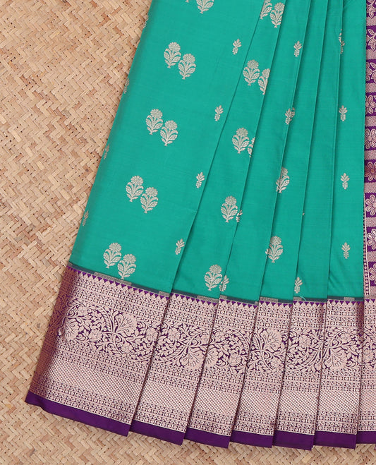 Green Budget Silk Saree, Detailed with Zari Buttas, Complemented by a Contrast Traditional Zari Border, Grand Pallu, and a Contrast Blouse