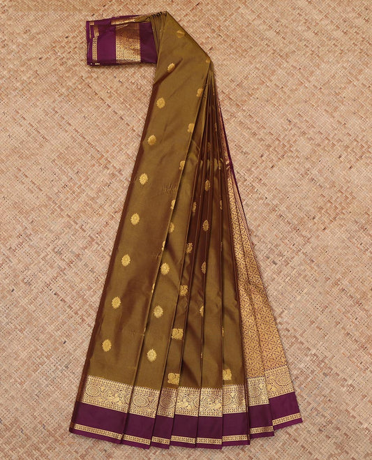 Brown Budget Silk Saree, Adorned with Peacock-Floral Buttas, a Contrast Traditional Rettai Pettu Border, a Grand Pallu and a Contrast Blouse