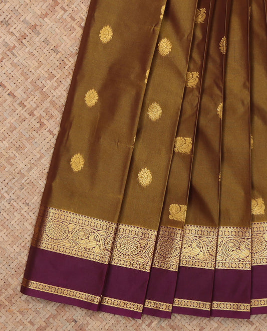 Brown Budget Silk Saree, Adorned with Peacock-Floral Buttas, a Contrast Traditional Rettai Pettu Border, a Grand Pallu and a Contrast Blouse