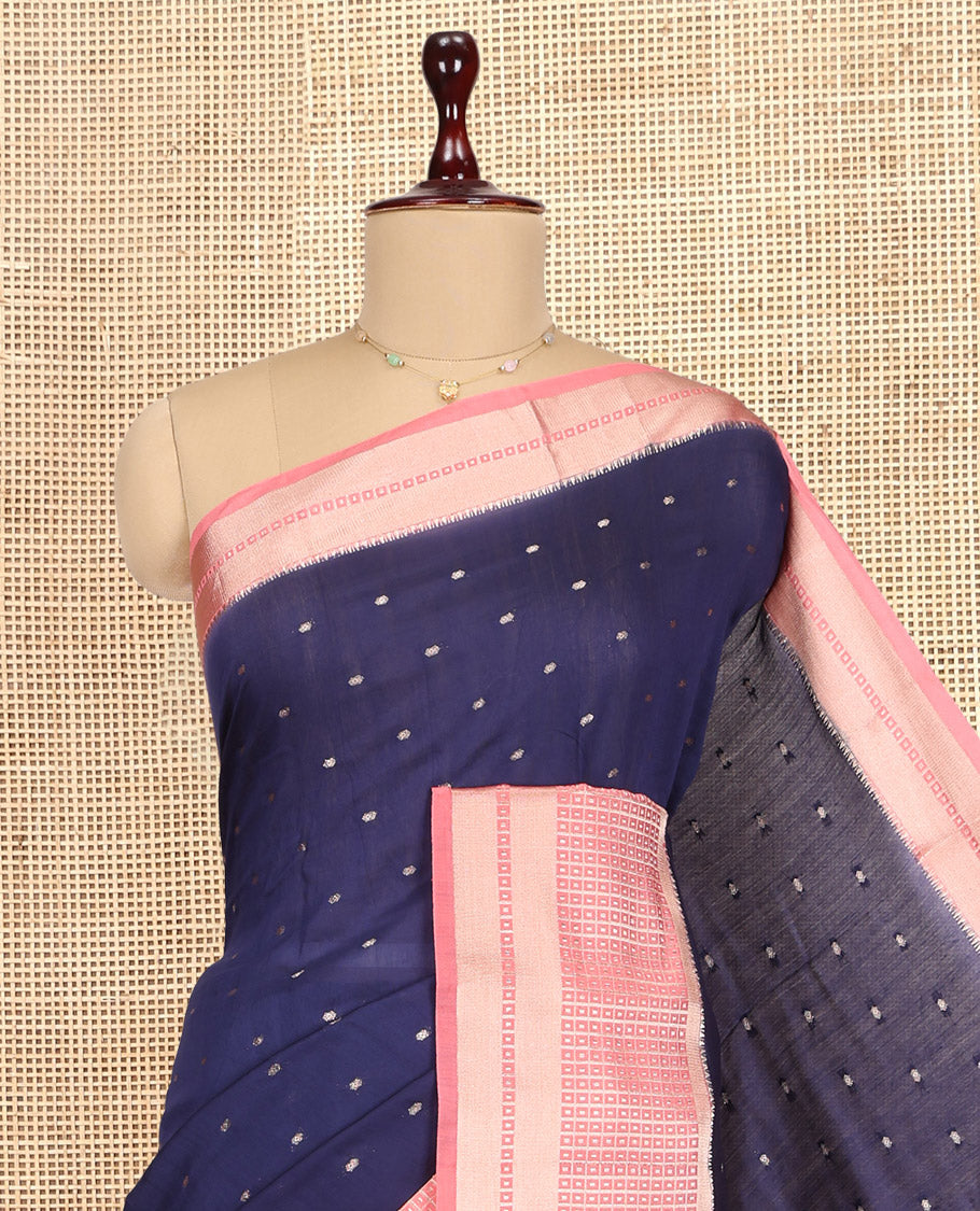Blue Assam Silk Saree, Woven with Zari Buttas, Complemented by Contrast Traditional Zari Border,  Zari Woven Pallu, and Contrast Blouse