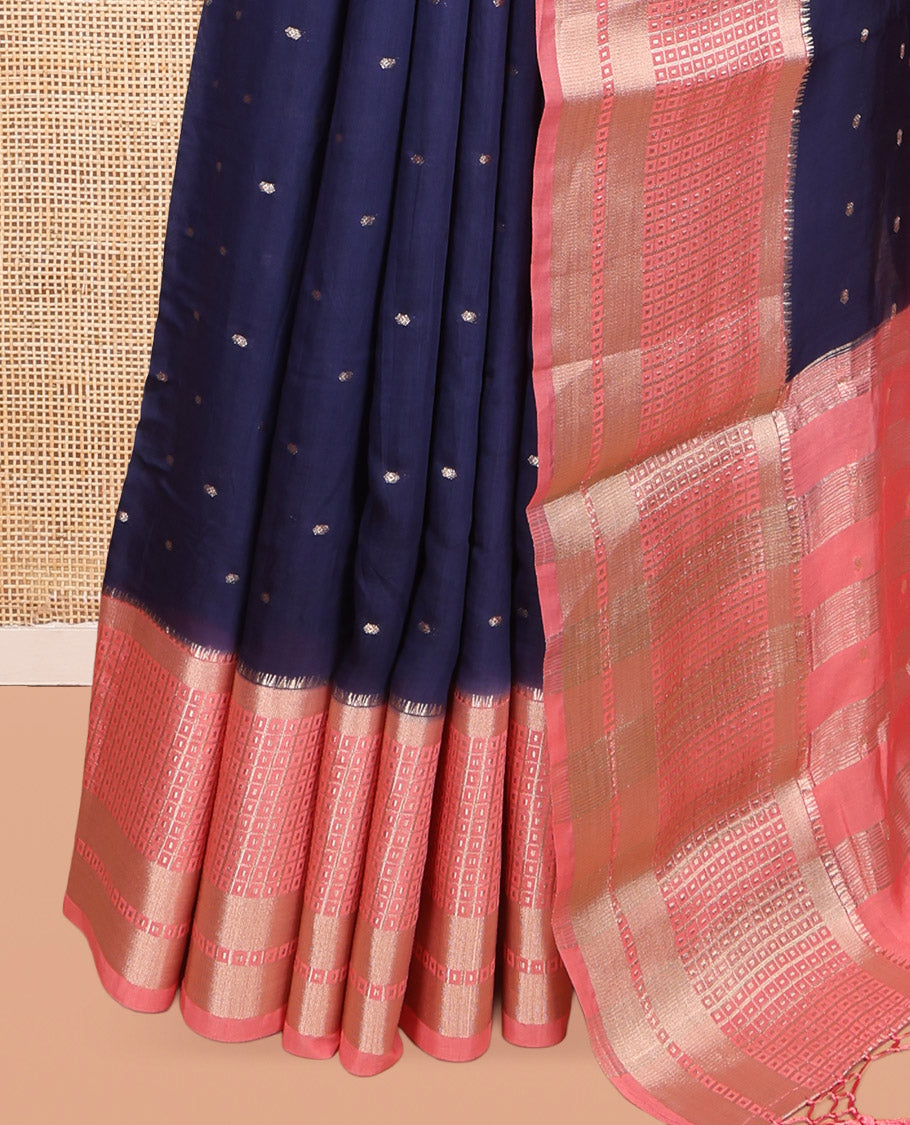 Blue Assam Silk Saree, Woven with Zari Buttas, Complemented by Contrast Traditional Zari Border,  Zari Woven Pallu, and Contrast Blouse