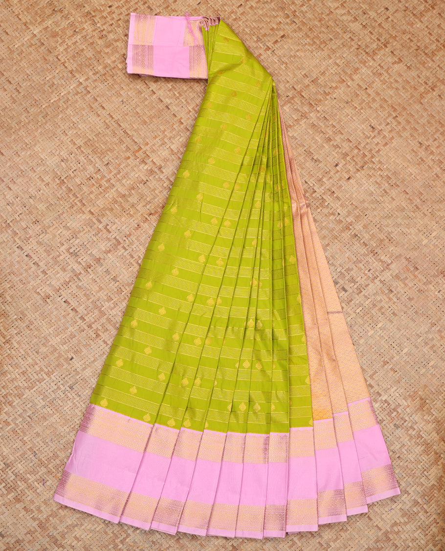 Parrot Green Budget Silk Saree, Subtly Sparkled with Zari Buttas and Stripes, a Contrast Traditional Zari Rettai Pettu Border, Jaal Pallu, and a Contrast Blouse