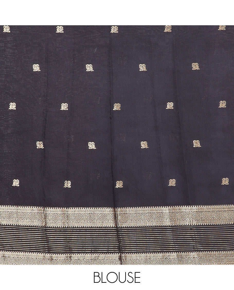 Blue peacock buttas Assam silk saree, contrast traditional zari border, and pallu of zari designs