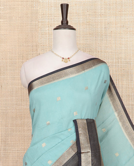 Blue peacock buttas Assam silk saree, contrast traditional zari border, and pallu of zari designs