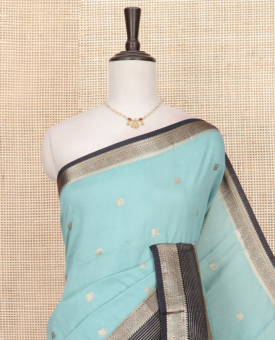 Blue peacock buttas Assam silk saree, contrast traditional zari border, and pallu of zari designs