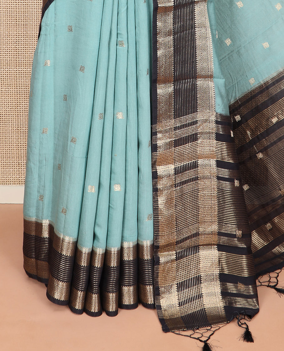 Blue peacock buttas Assam silk saree, contrast traditional zari border, and pallu of zari designs