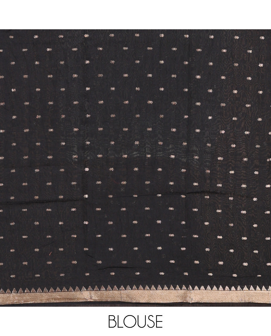 Black Assam Silk Saree Features Bright Zari Buttas All Over Its Body, a Subtle Temple Zari Border, a Pallu Highlighted with Zari Stripes, and Comes with a Matching Blouse