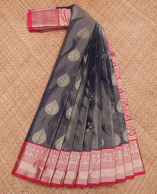 Navy Budget Silk Saree, Steeped in Richness of Zari Buttas and Stripes, Complemented by a Contrast Traditional Zari Border, Paisley Pallu, and a Contrast Blouse