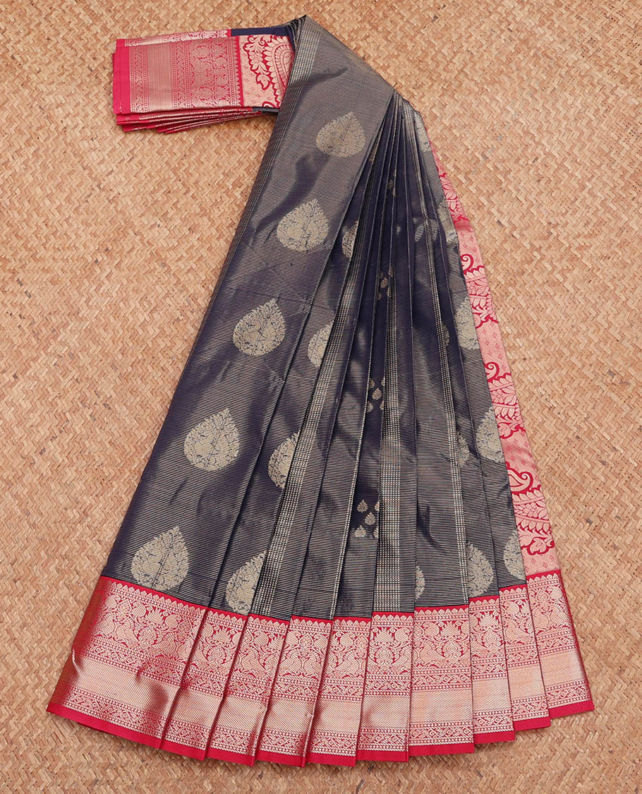 Navy Budget Silk Saree, Steeped in Richness of Zari Buttas and Stripes, Complemented by a Contrast Traditional Zari Border, Paisley Pallu, and a Contrast Blouse