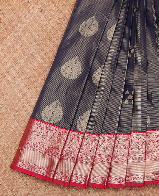 Navy Budget Silk Saree, Steeped in Richness of Zari Buttas and Stripes, Complemented by a Contrast Traditional Zari Border, Paisley Pallu, and a Contrast Blouse