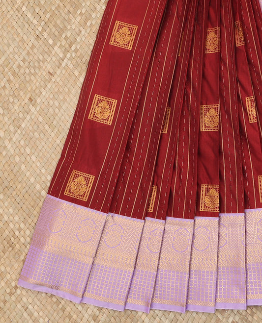Maroon Budget Silk Saree Gracefully Embellished with Square Buttas and Zari Stripes, Highlighted with a Contrast Traditional Zari Design Border, Zari Woven Jaal Pallu, and Paired with a Contrast Blouse