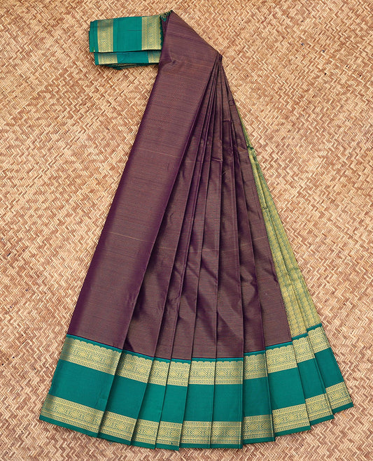 Purple Budget Silk Saree, Highlighted by Zari Stripes All Over Its Body, Complemented by a Contrast Traditional Zari Design Rettai Pettu Border, Grandly Designed Pallu, and Paired with a Contrast Blouse