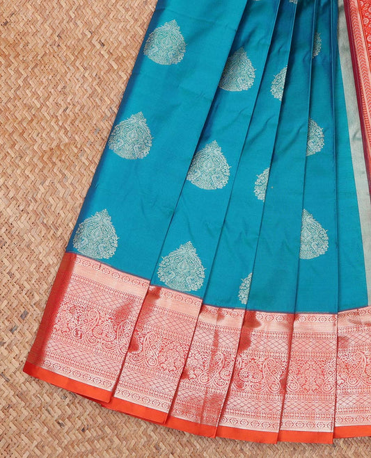 Blue Budget Silk Saree, Beautified with Zari Buttas All Over Its Body, Complemented by a Contrast Traditional Zari Design Border, Intricately Designed Pallu, and Paired with a Contrast Blouse
