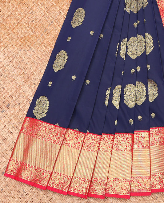 Blue Budget Silk Saree, Impeccably Styled with Zari Buttas on Its Body, Complemented by a Contrast Traditional Zari Design Border, Grand Jaal Pallu, and Paired with a Contrast Blouse