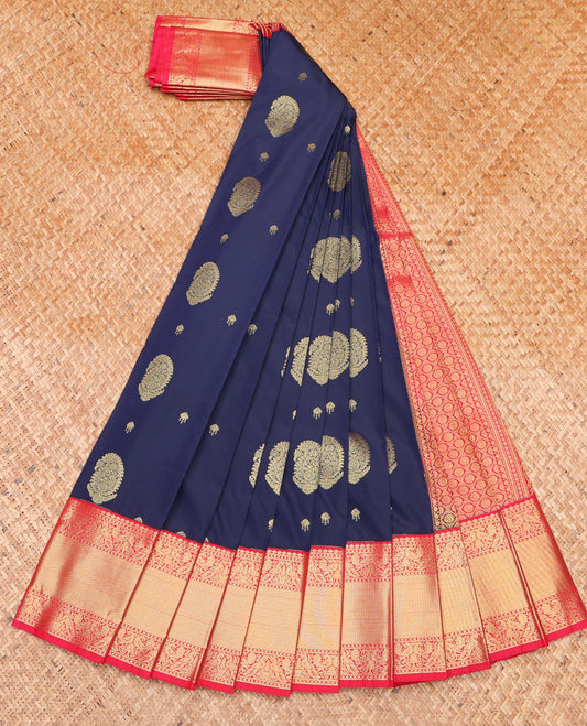 Blue Budget Silk Saree, Impeccably Styled with Zari Buttas on Its Body, Complemented by a Contrast Traditional Zari Design Border, Grand Jaal Pallu, and Paired with a Contrast Blouse