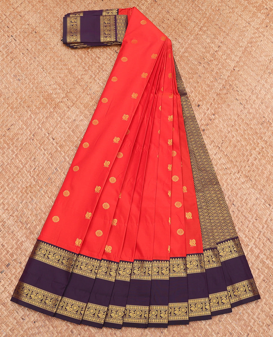 Orange Budget Silk Saree, Woven with Peacock-Chakram Buttas, Complemented by a Contrast Traditional Zari Rettai Pettu Border, Grand Pallu, and Contrast Blouse