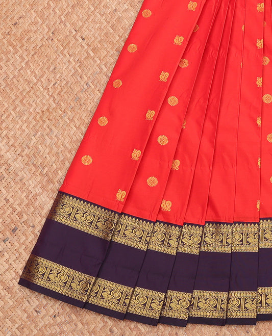 Orange Budget Silk Saree, Woven with Peacock-Chakram Buttas, Complemented by a Contrast Traditional Zari Rettai Pettu Border, Grand Pallu, and Contrast Blouse