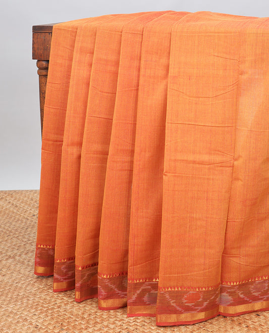 Orange mangalagiri cotton saree with contrast floral design border & striped pallu