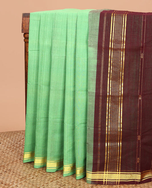 Pista green thread buttas Andhra cotton saree, zari border, and contrast pallu of zari stripes