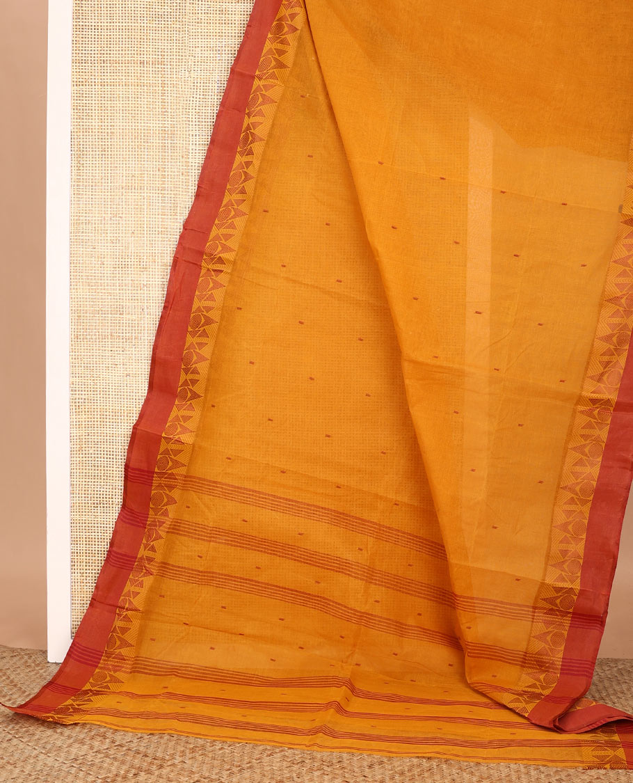 Orange buttas Bengal cotton saree, contrast geometric border, and pallu of stripes, and buttas