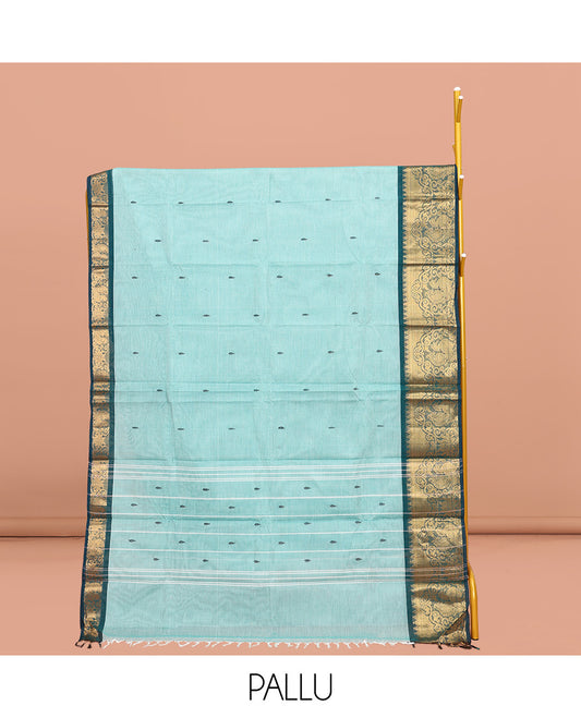 Blue Chettinad Cotton Saree, Woven with Buttas All Over Its  Body, Complemented by a Contrast Traditional Zari Design Woven Border, Pallu of Stripes, and Buttas, and Paired with a Matching Blouse