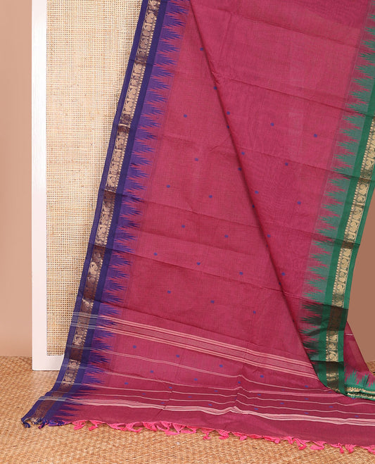 Pink buttas Chettinad cotton saree, contrast ganga jamuna traditional zari temple border, and pallu of stripes, and buttas