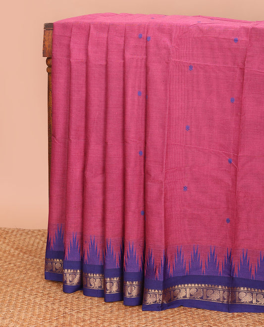 Pink buttas Chettinad cotton saree, contrast ganga jamuna traditional zari temple border, and pallu of stripes, and buttas
