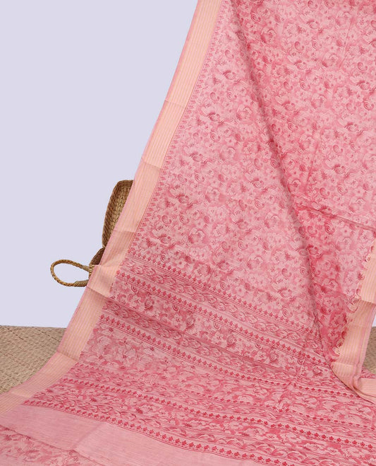Pink paisley printed budget cotton saree, self-border & floral printed pallu