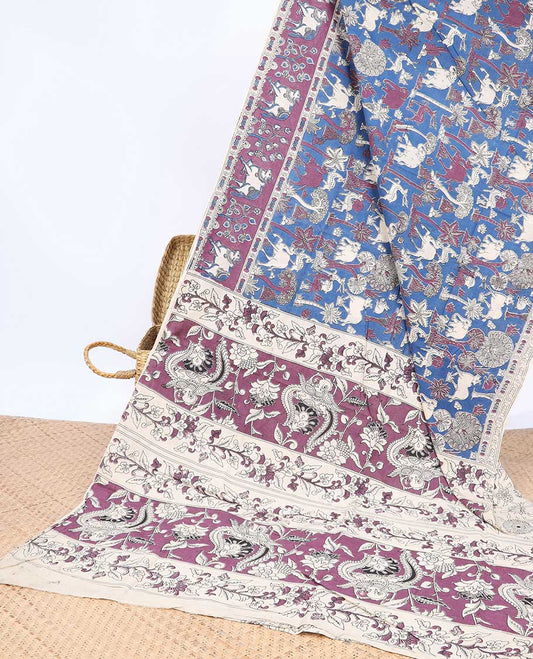 Blue animal motifs machine-printed kalamkari cotton saree, contrast Pichwai cow border & intricate pallu