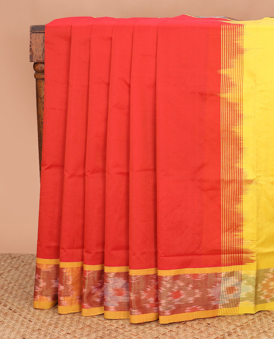 Orange plain poly cotton saree, contrast ikkat border, and striped pallu