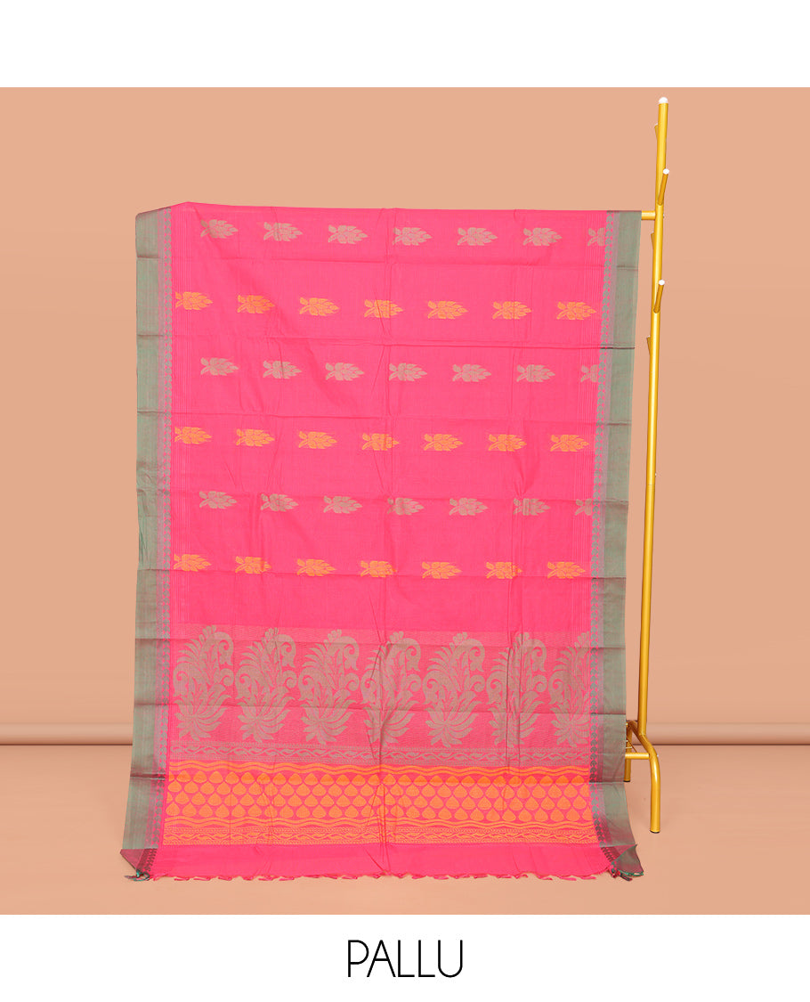Pink Kanchi Cotton Saree, Woven with Buttas All Over Its Body, Complemented by Contrast Border, Pallu of Paisleys and Geometric Designs, and Paired with a Matching Blouse