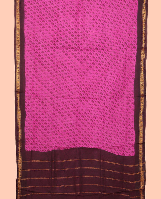 Pink Nine Yard Cotton Saree, Detailed with Buttas, Complemented by Contrast Paisley Vine Border, Pallu of Stripes, and Comes Without a Blouse