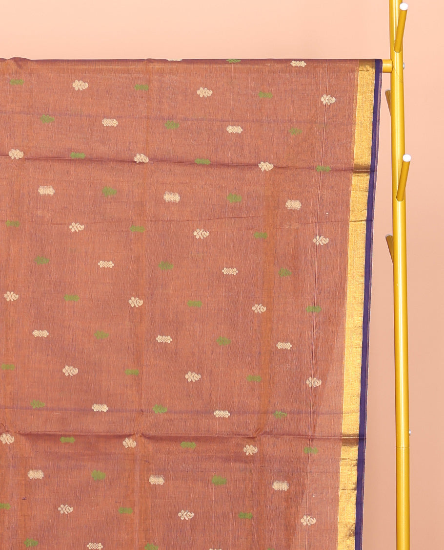 Light Brown Venkatagiri Cotton Saree, Graced with Buttas, a Contrast Floral Design Zari Border, Pallu of Buttas and Stripes, and No Blouse