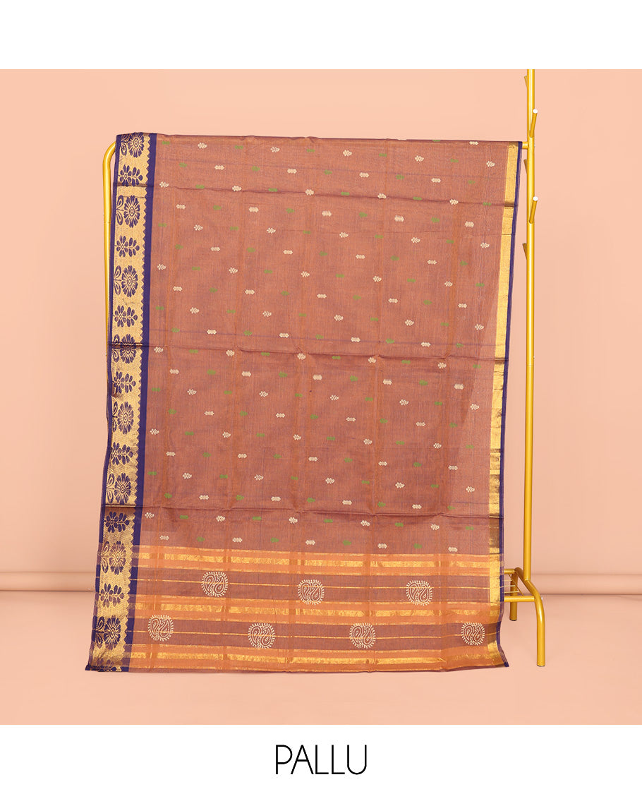 Light Brown Venkatagiri Cotton Saree, Graced with Buttas, a Contrast Floral Design Zari Border, Pallu of Buttas and Stripes, and No Blouse