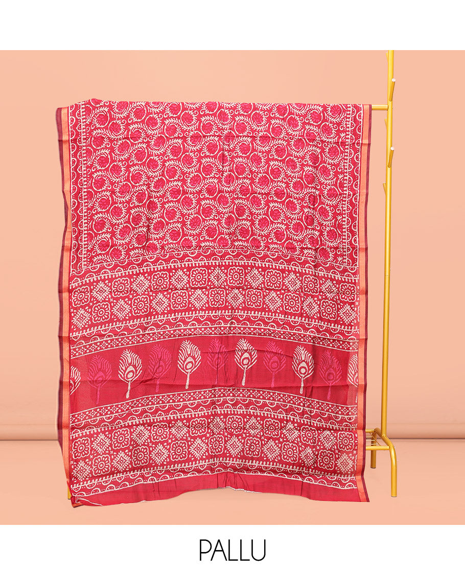 Red Kanchi Cotton Saree, Decorated with Floral Vine Printed All Over Its Body, a Subtle Border, Pallu of Geometric and Peacock Feather Print, and Paired with a Contrast Blouse