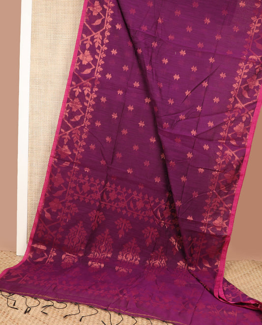 Magenta zari buttas Kadhi cotton saree, paithani-style floral-theme zari woven border & paithani-style motifs zari woven pallu
