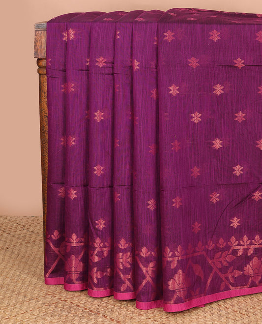 Magenta zari buttas Kadhi cotton saree, paithani-style floral-theme zari woven border & paithani-style motifs zari woven pallu