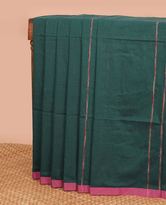 Green striped khadi cotton saree with contrast striped border