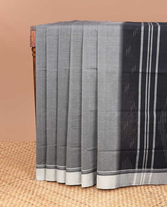 Grey coimbatore cotton saree with contrast traditional design border & geometric design pallu
