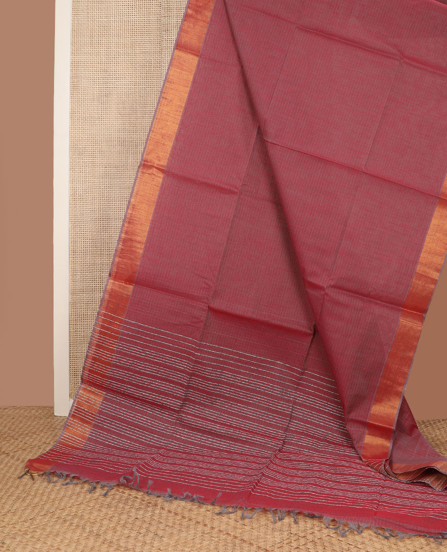 Red striped jute cotton saree, zari woven border & striped pallu