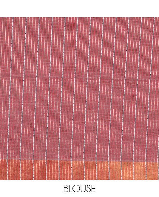 Red striped jute cotton saree, zari woven border & striped pallu