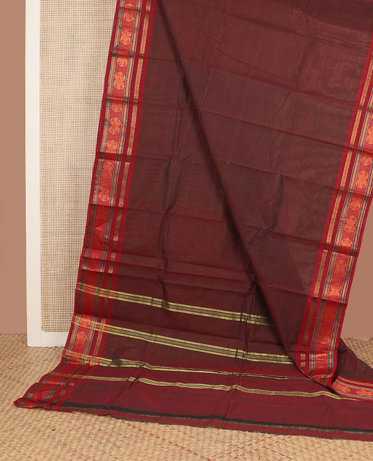 Maroon plain design Chettinad cotton saree, contrast traditional design border & striped pallu