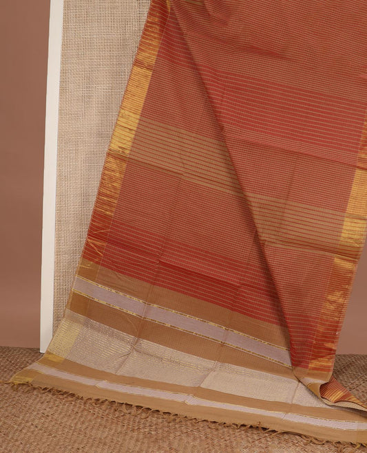Orange thread vertical striped jute cotton saree, zari border and zari striped pallu