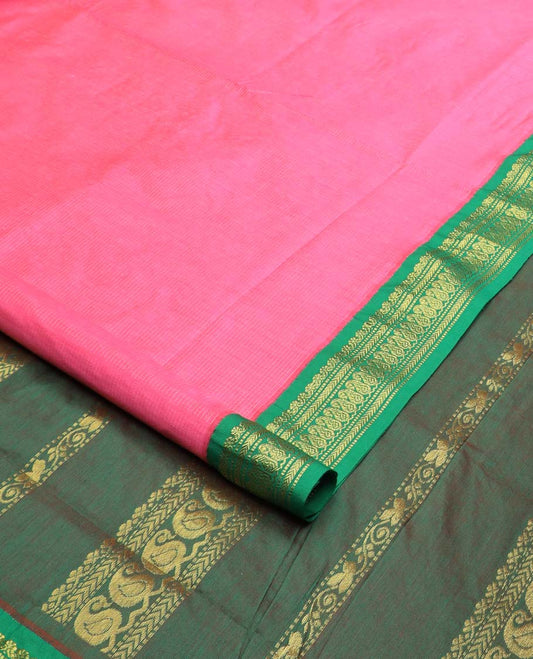 Rose milk pink striped nine-yard cotton saree, contrast zari border, and pallu steeped with traditional motifs