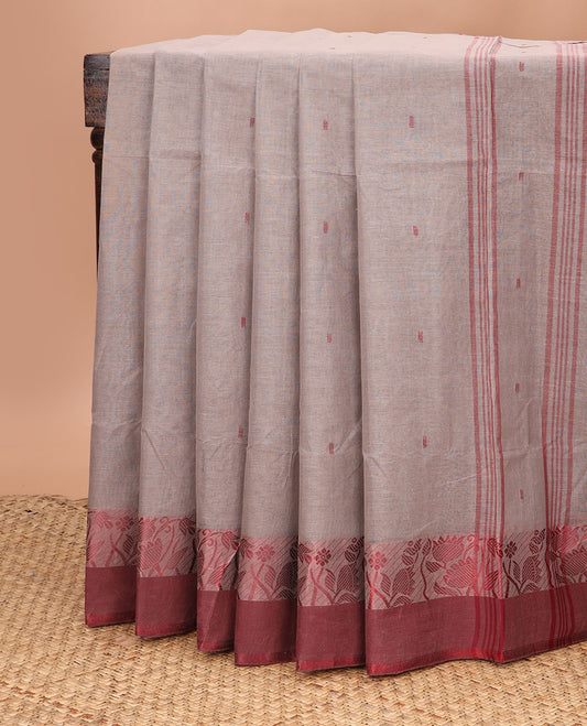Grey thread buttas Bengal cotton saree, contrast floral design border, and striped pallu