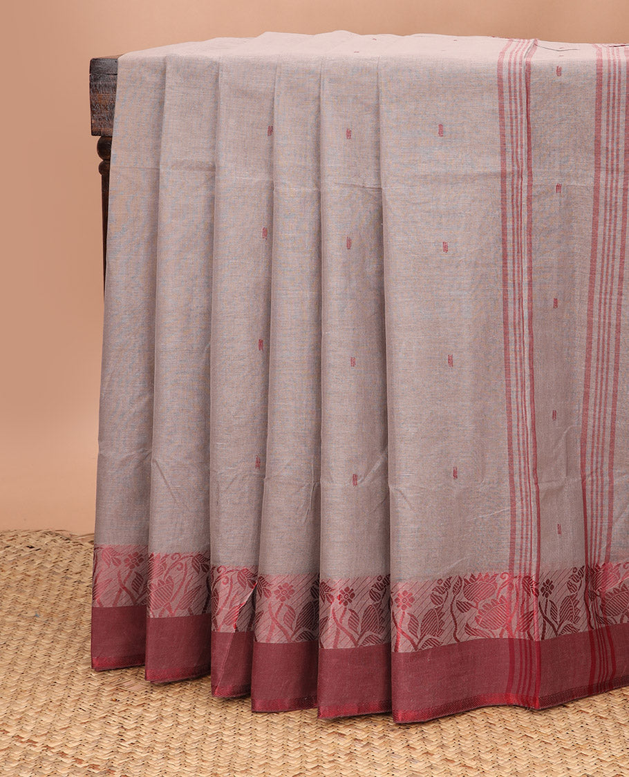 Grey thread buttas Bengal cotton saree, contrast floral design border, and striped pallu
