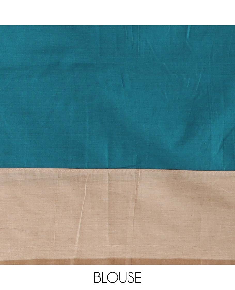 Fawn peacock motifs print and mirror work poly cotton saree, contrast leaf creeper printed border, and leaf printed pallu