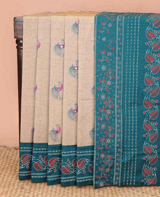 Fawn peacock motifs print and mirror work poly cotton saree, contrast leaf creeper printed border, and leaf printed pallu